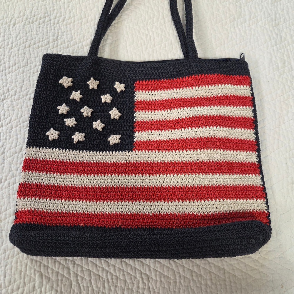Candies American Flag Crochet Tote Bag Navy Red White Patriotic Stars Stripes - Picture 2 of 7
